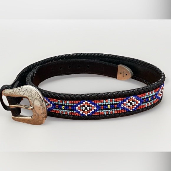 Vintage 90s Eddie Bauer Beaded Western Leather Belt Size 28 - Picture 1 of 8